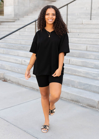 Black set with black tee and black bike shorts