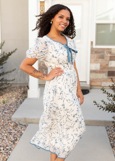 Short sleeve modest cream floral dress