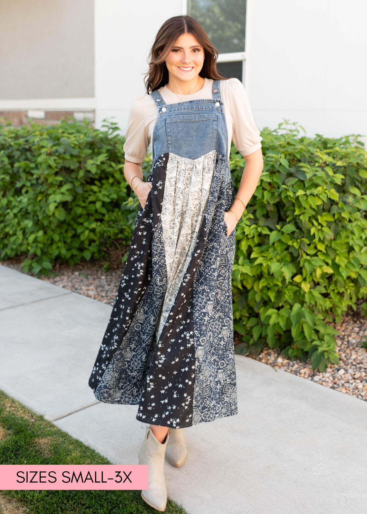 Denim patchwork overall dress with pockets