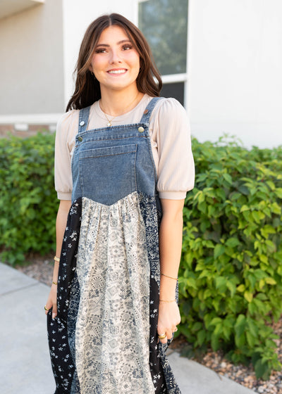 Modest denim patchwork overall dress with front pocket  and adjustable straps