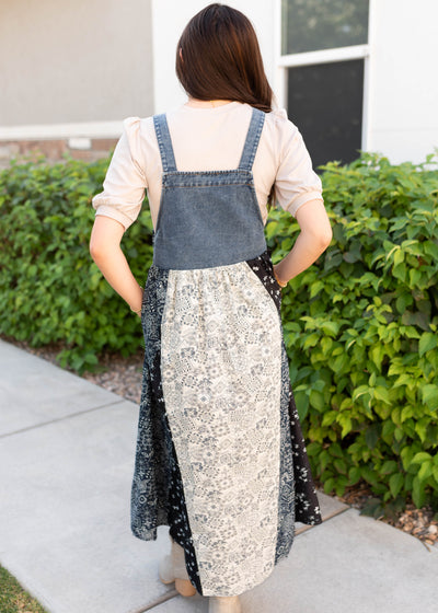 Back view of the denim patchwork overall dress