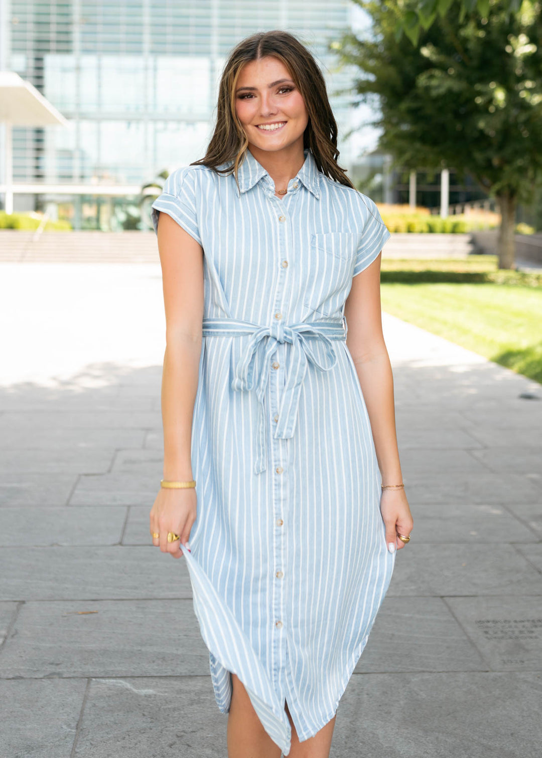 knee length dresses for ladies Joan Chambray Striped Midi Dress Blu Pepper – Lena Layne