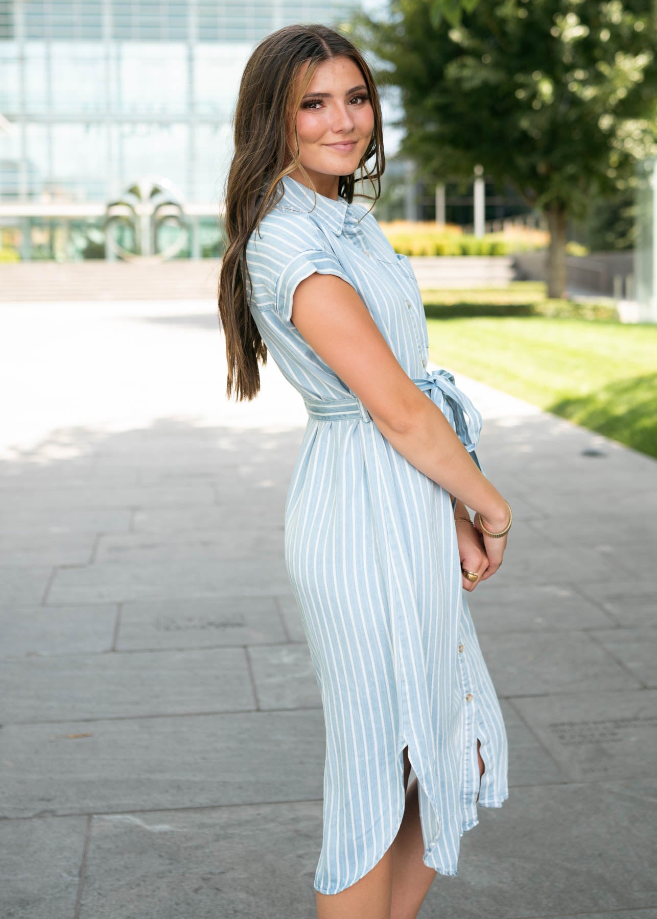 Side view of the chambray striped dress