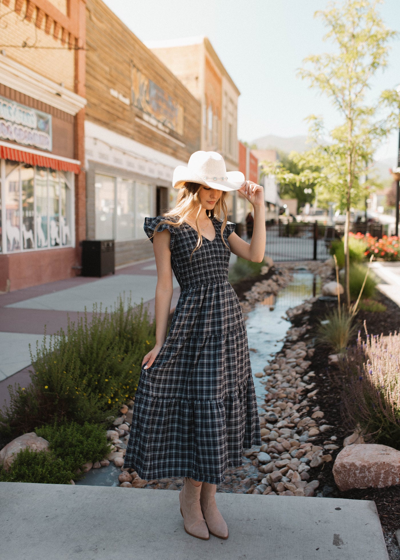 Joan Navy Plaid Tiered Dress | Lena Layne