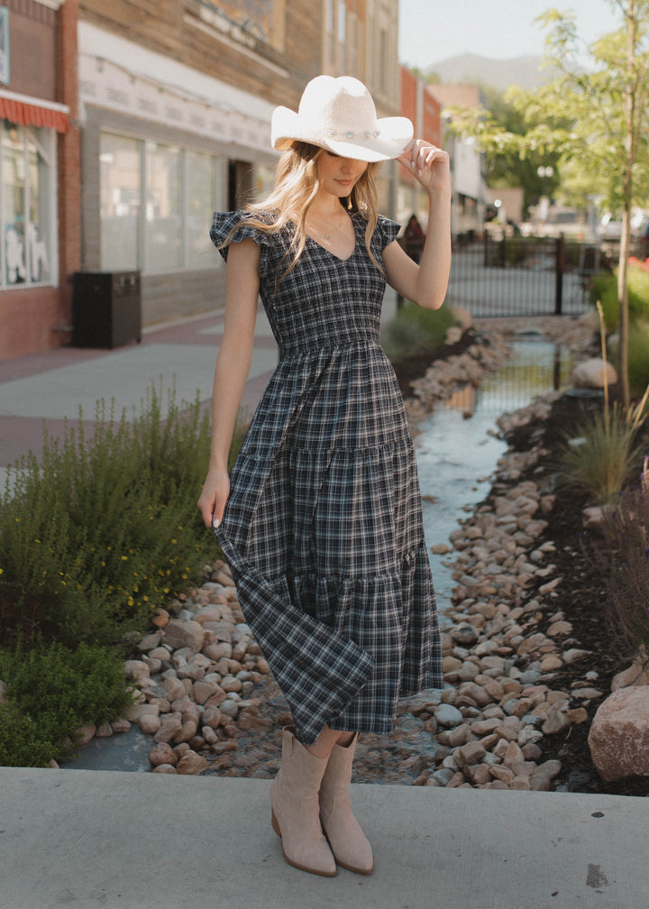 Joan Navy Plaid Tiered Dress | Lena Layne