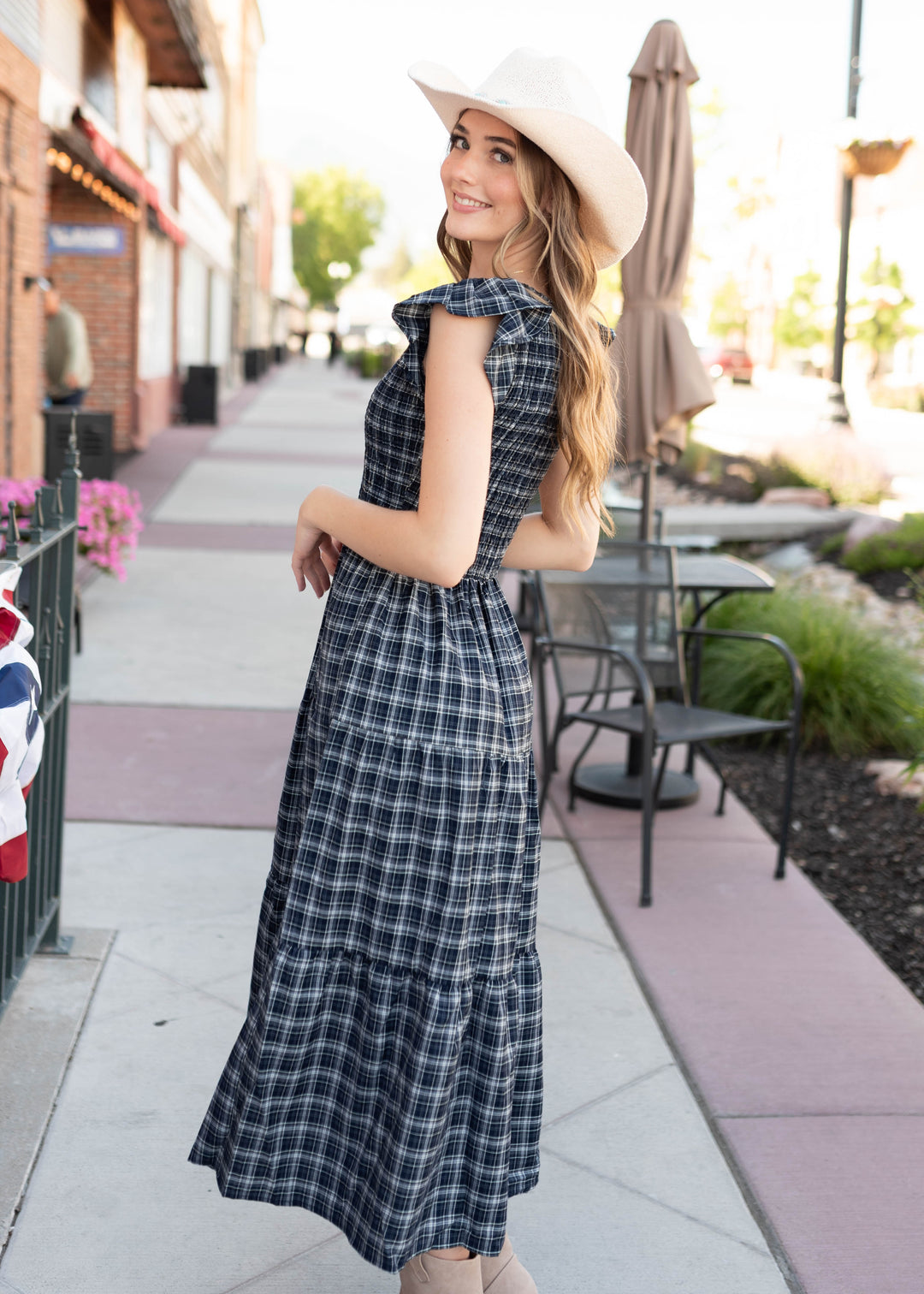 Joan Navy Plaid Tiered Dress | Lena Layne