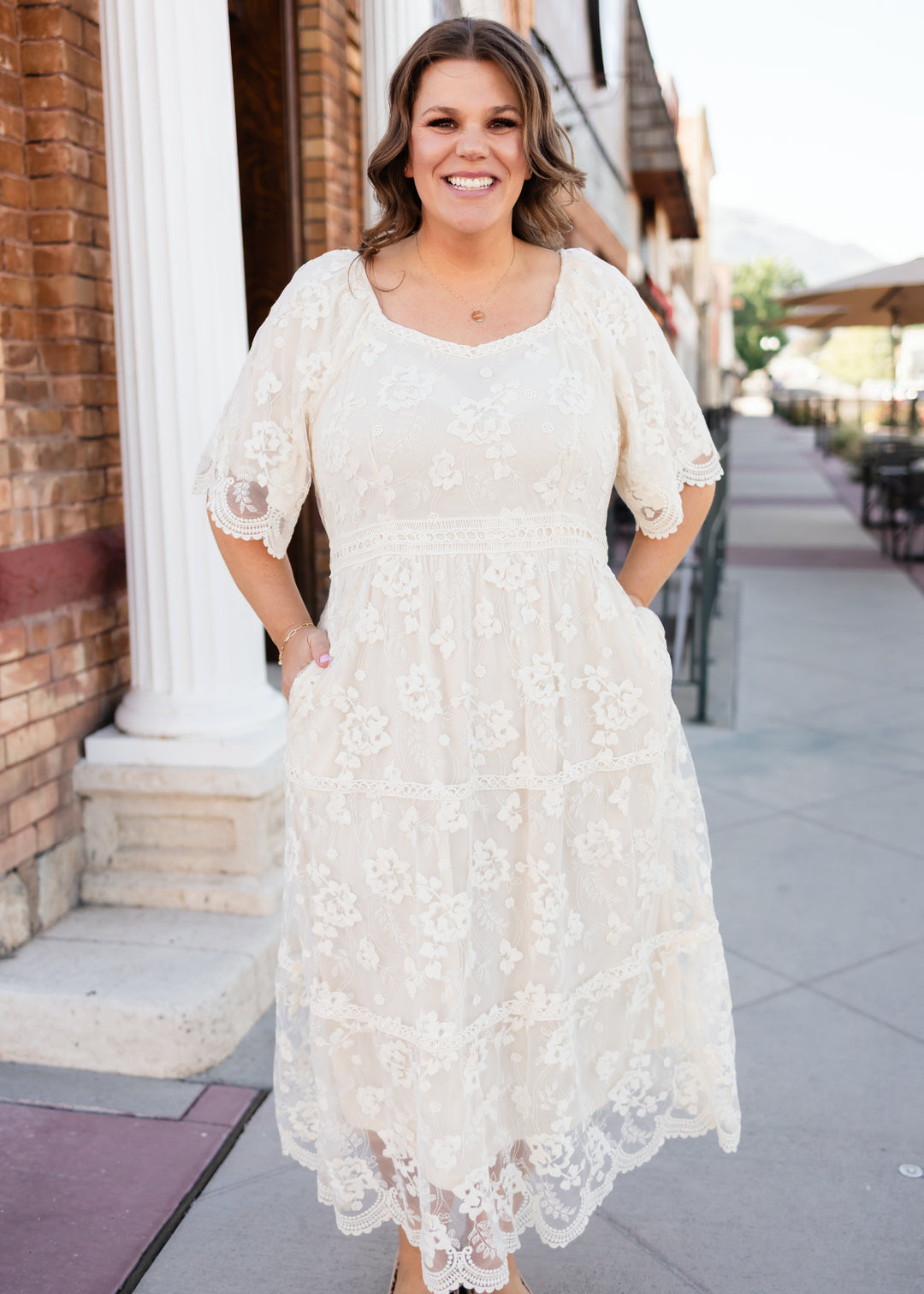 Jocelyn Cream Short Sleeve Lace Midi Dress | Lena Layne