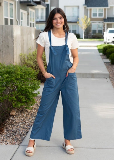 Wide crop dusty blue knot strap overall