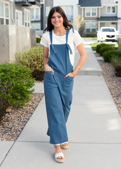 Dusty blue knot strap overall with front pckets