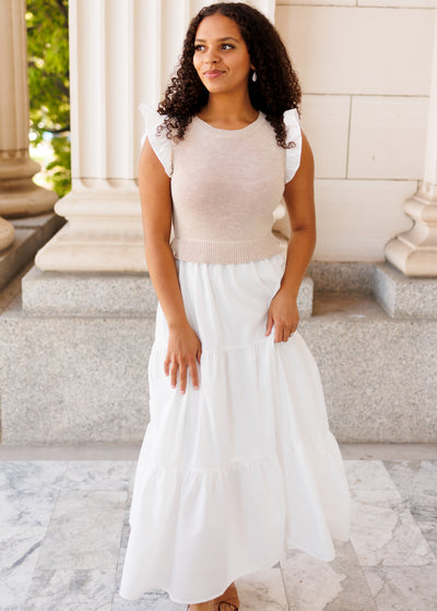 Ruffle sleeveless white sweater vest dress