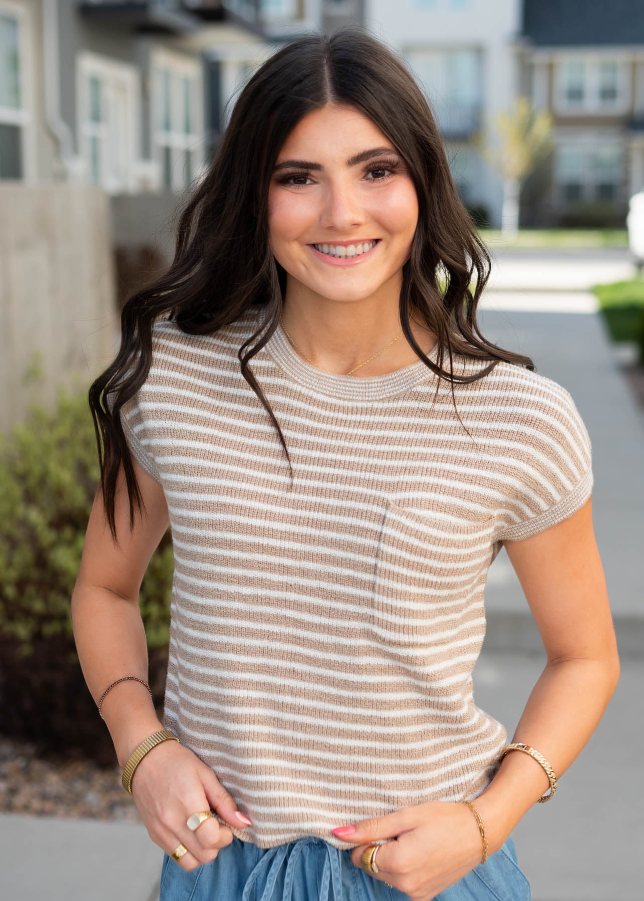 Light brown striped knitted top with short sleeves