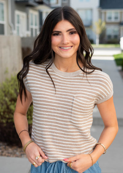 Light brown striped knitted top with short sleeves