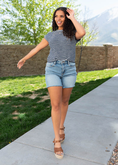 Navy striped knitted top sweater with short sleeves