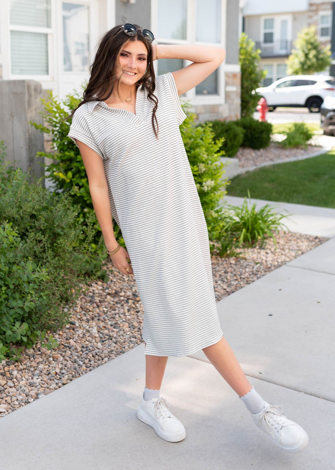 Black striped dress with short sleeves and collar