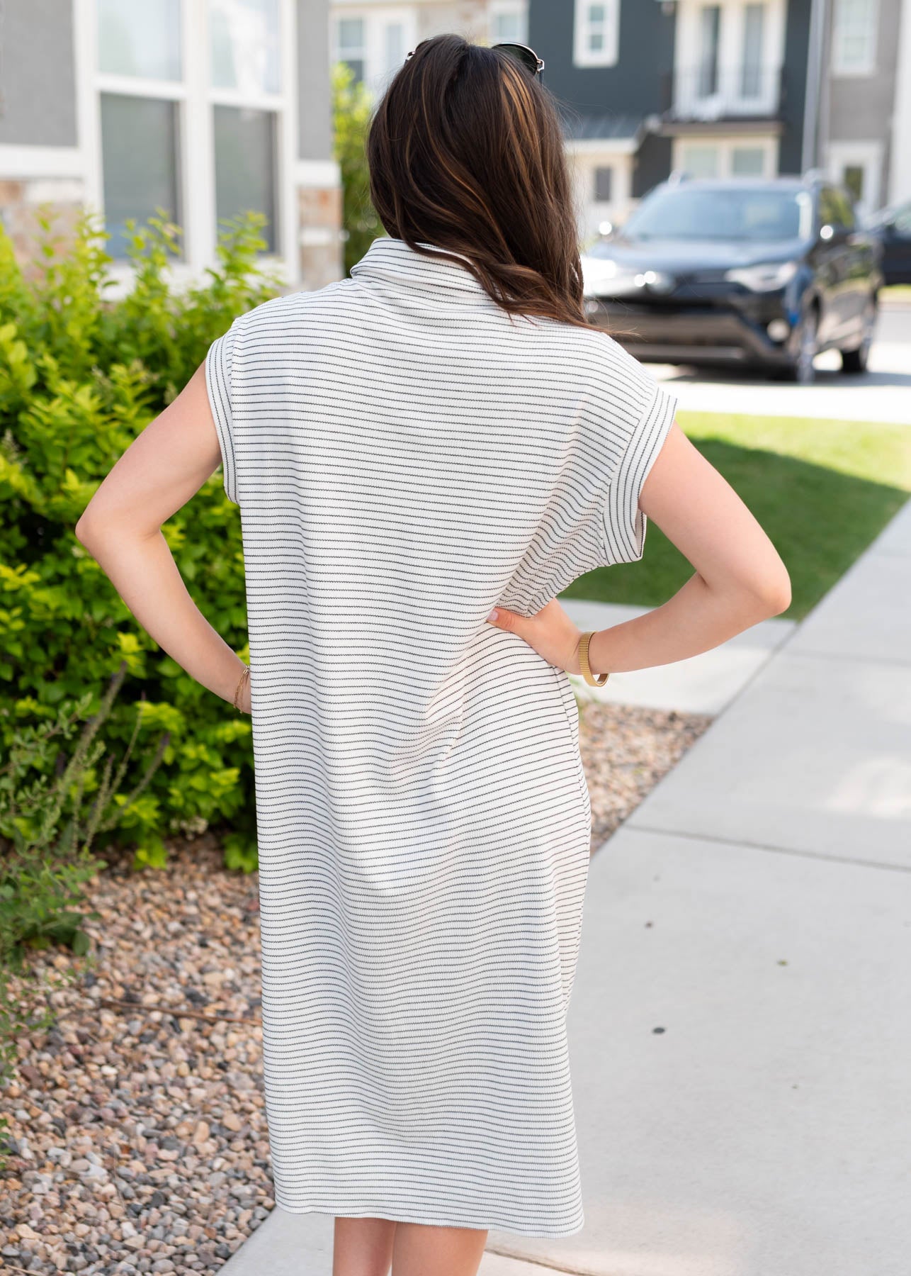 Back view of the black striped dress