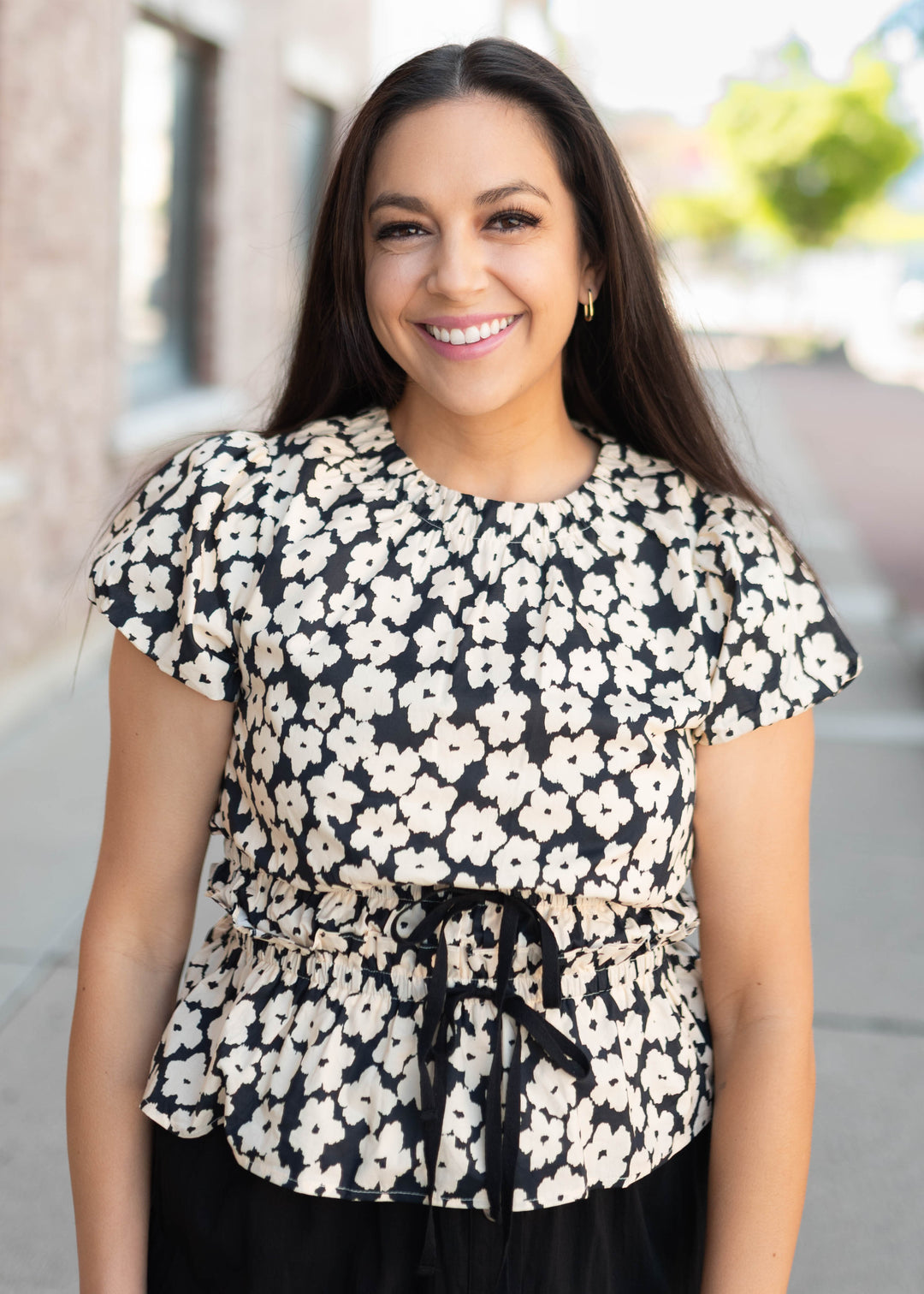 Julia Black Floral Blouse - Puff Sleeves, Ribbon Bow Tie Waist