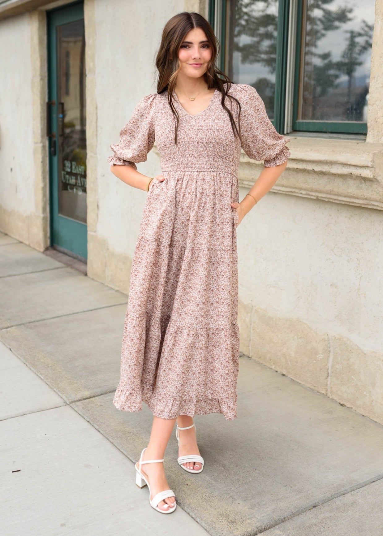 Modest dusty mauve floral dress with v-neck