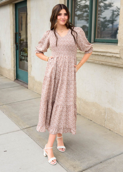 Modest dusty mauve floral dress with v-neck