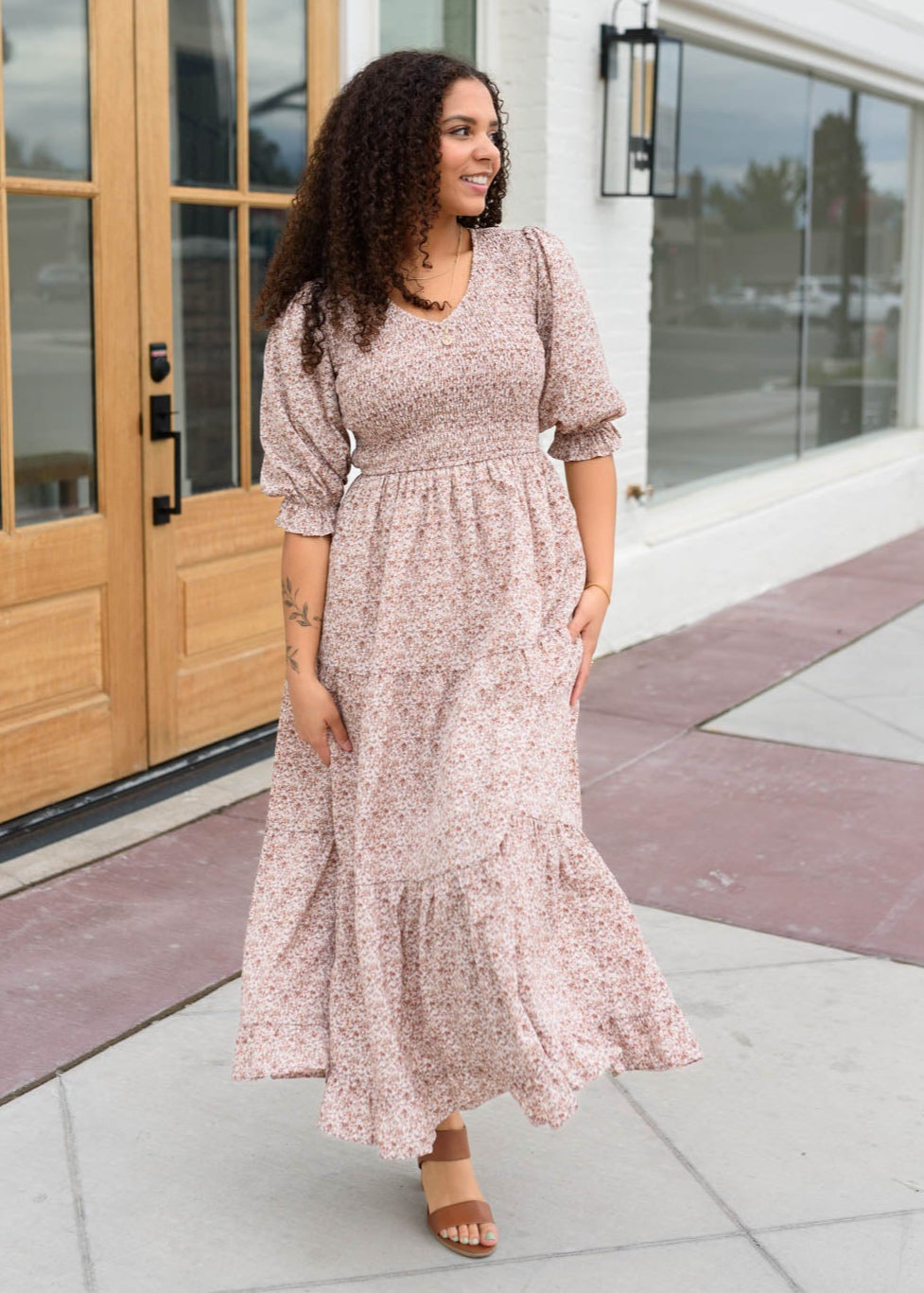 Lena & Lou dusty mauve floral dress with pockets and smocked bodice