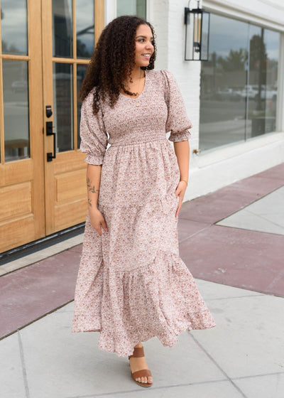 Lena & Lou dusty mauve floral dress with pockets and smocked bodice