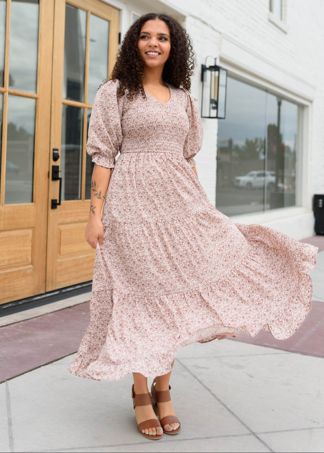 Tiered skirt on the Lena & Lou dusty mauve floral dress sold at Lena Layne