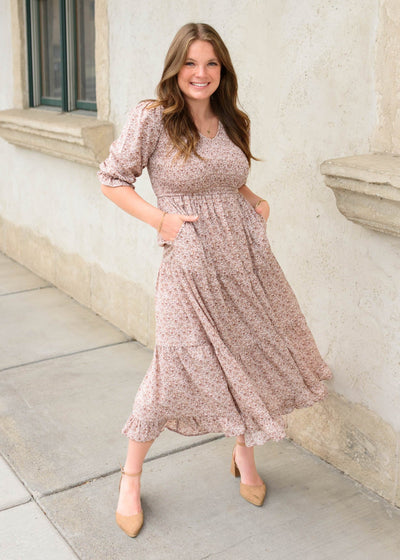 Modest smocked dusty mauve floral dress with pockets