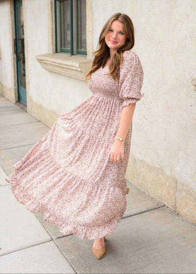 Modest dusty mauve floral dress with short sleeves and smocked bodice