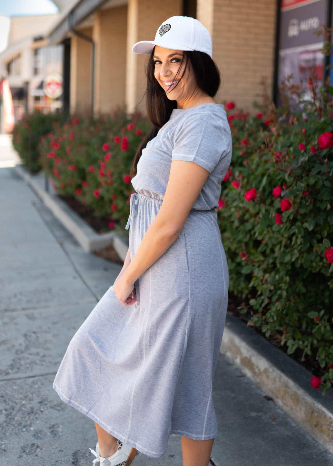 Juliana Grey Drawstring Midi Dress - Adjustable Waist, Short Sleeves & Pockets