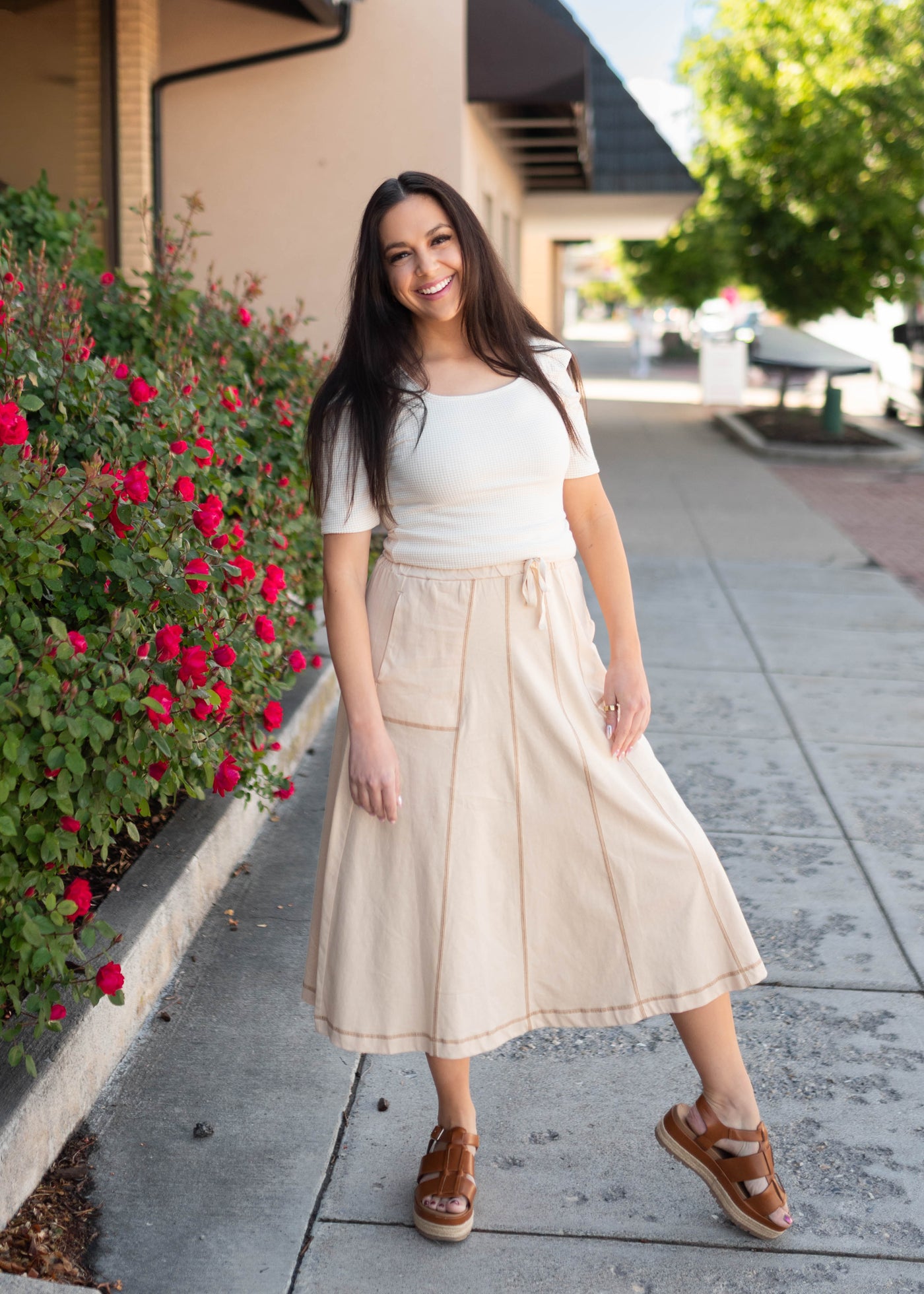 Juliet Cream Casual Midi Skirt - Sweatshirt Material, Drawstring