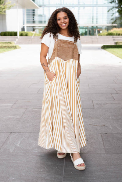 June Light Mocha Striped Overall Dress
