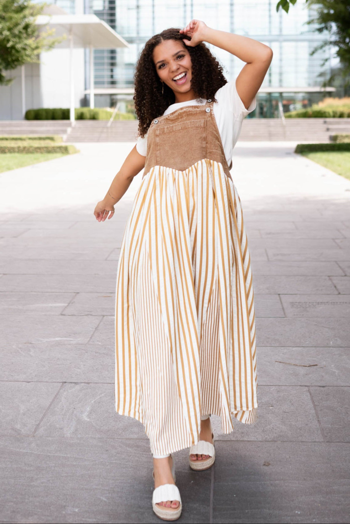 June Light Mocha Striped Overall Dress