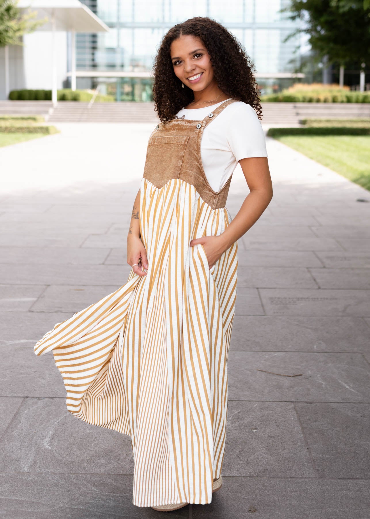June Light Mocha Striped Overall Dress