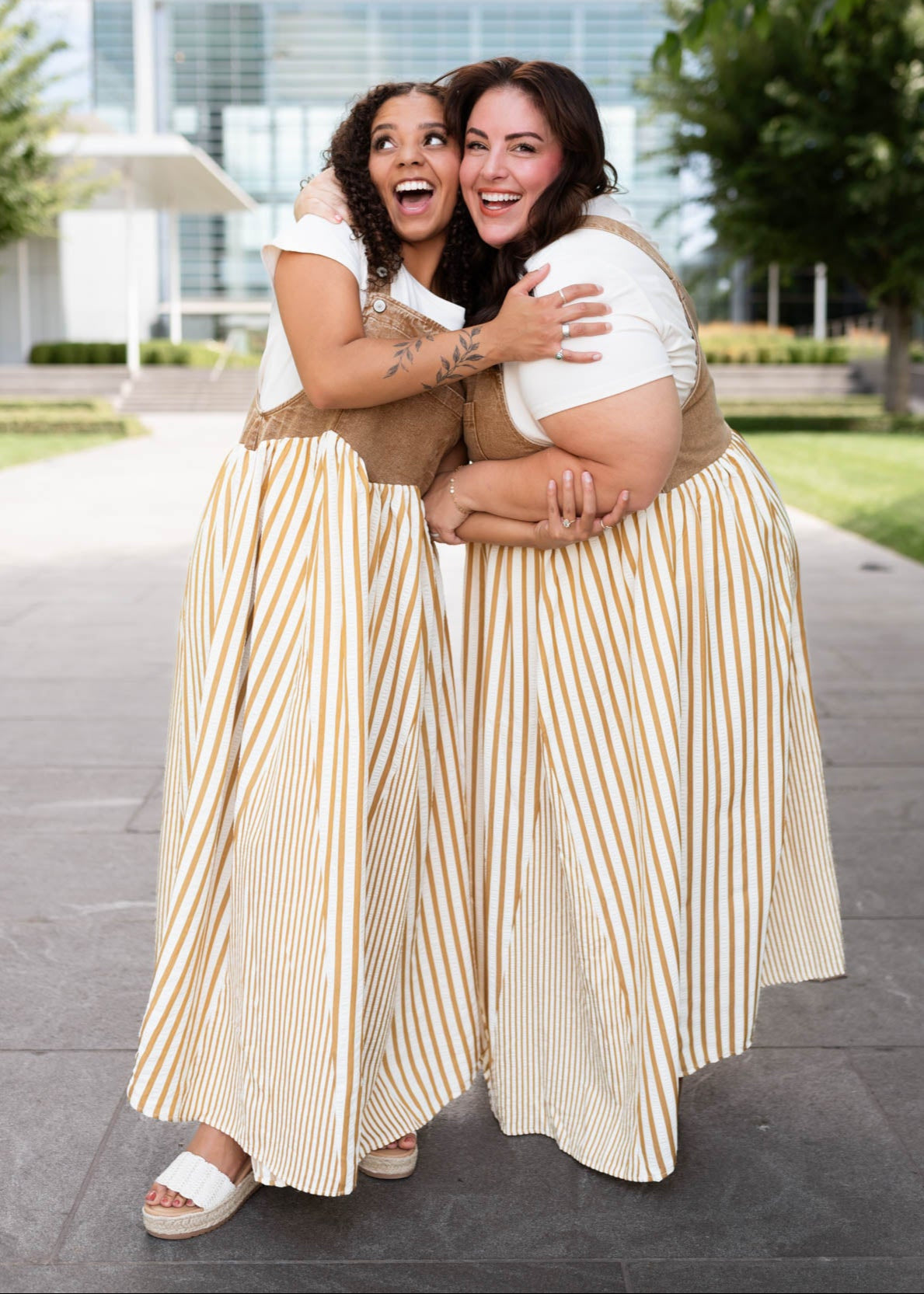 June Light Mocha Striped Overall Dress