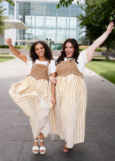 June Light Mocha Striped Overall Dress
