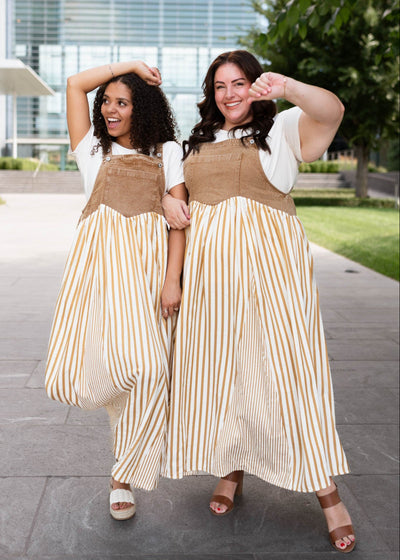 June Light Mocha Striped Overall Dress