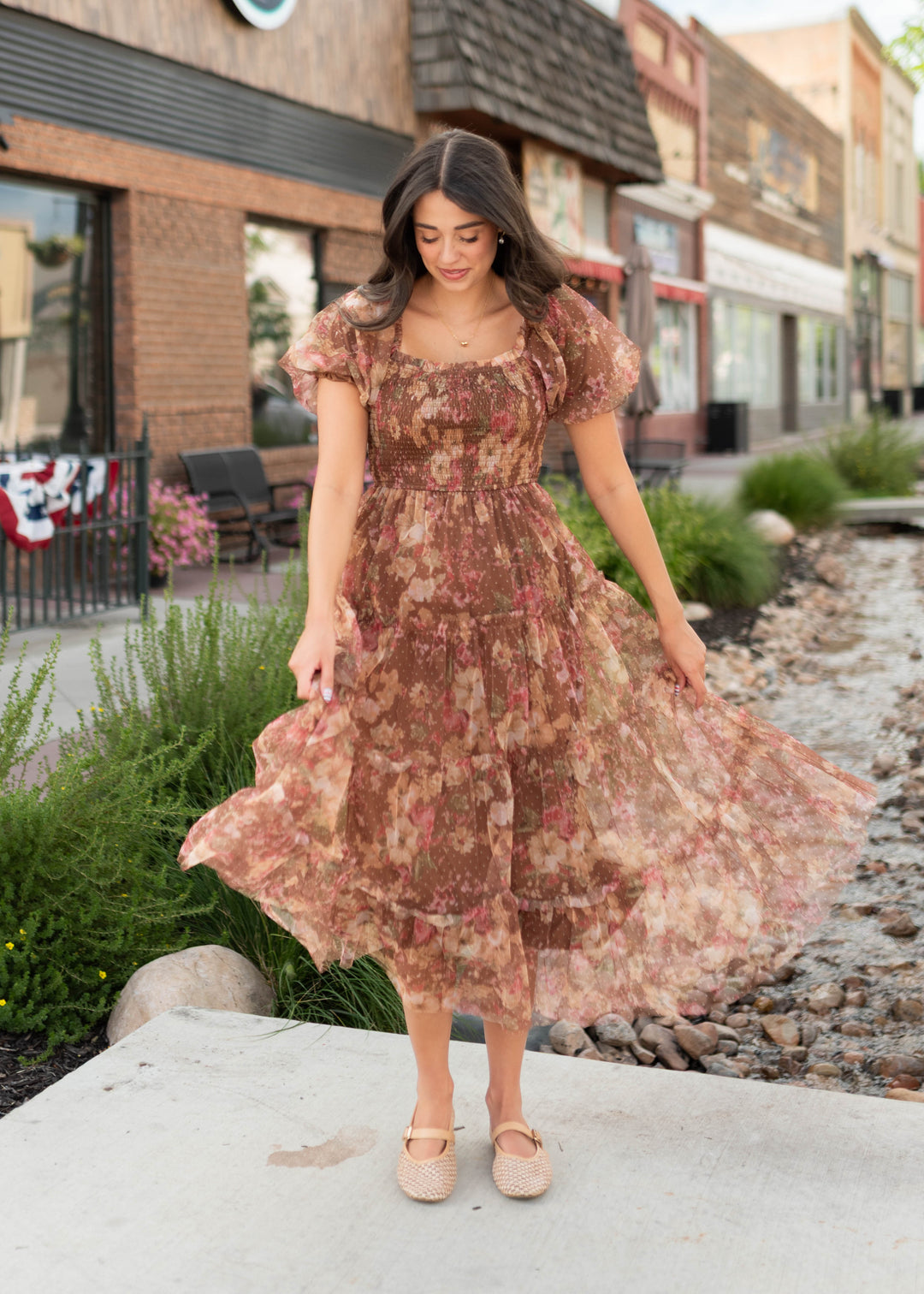 Justine Brown Floral Tulle Puff Sleeve Dress | Lena Layne