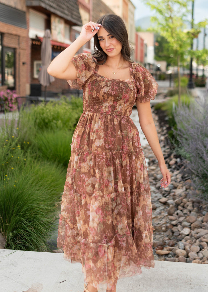 LULU大澤弘美 PUFF SLEEVE DRESS ② Justine Brown Floral Tulle Puff Sleeve Dress | Lena Layne