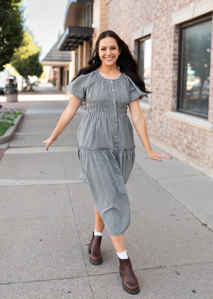 Karla Navy & White Gingham Midi Dress | Lena Layne
