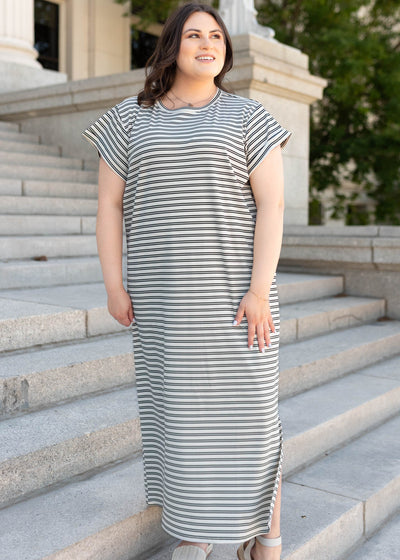 Black striped t-shirt dress in plus size