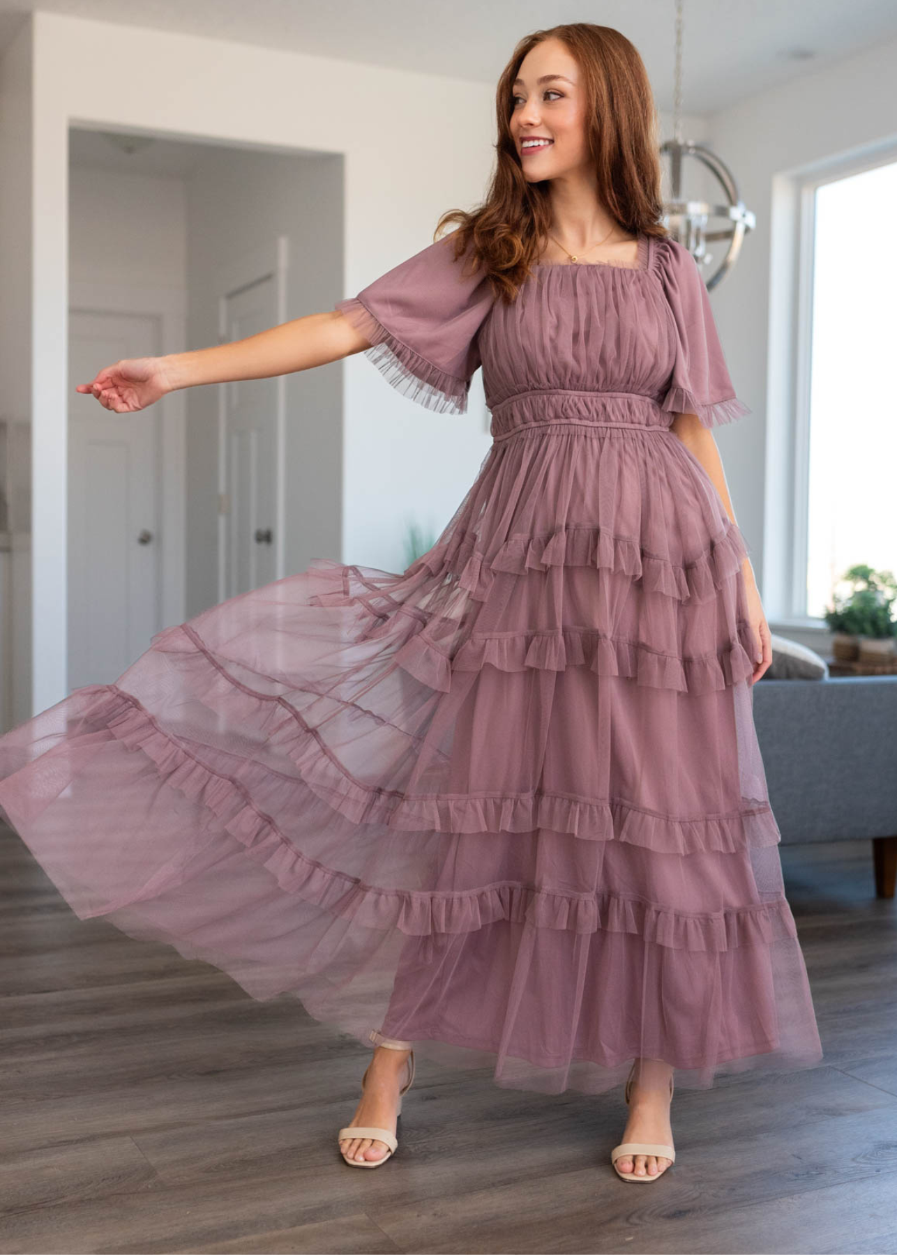 Dusty lavender maxi dress with ruching on the bodice and elastic waist