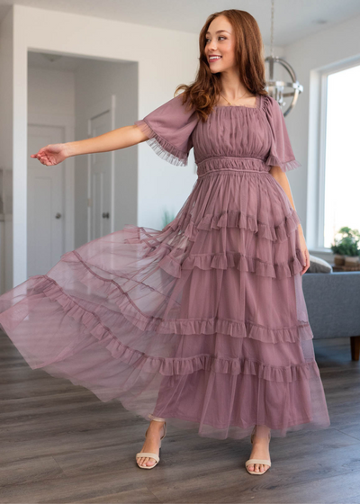 Dusty lavender maxi dress with ruching on the bodice and elastic waist