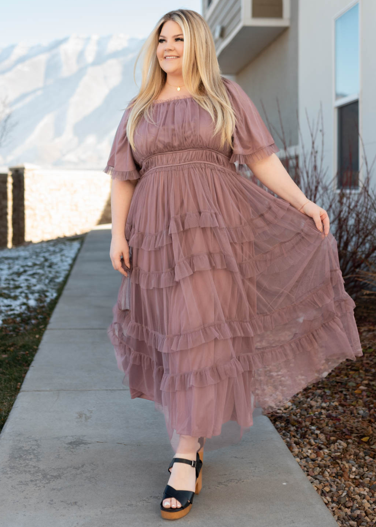 Plus size dusty lavender maxi dress with ruffles on the tulle skirt