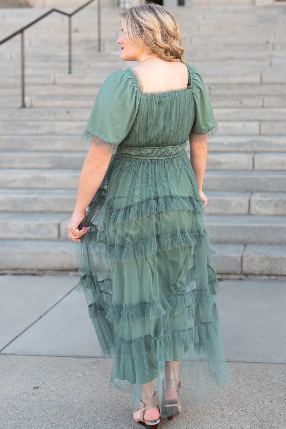 Back view of the dusty teal maxi dress