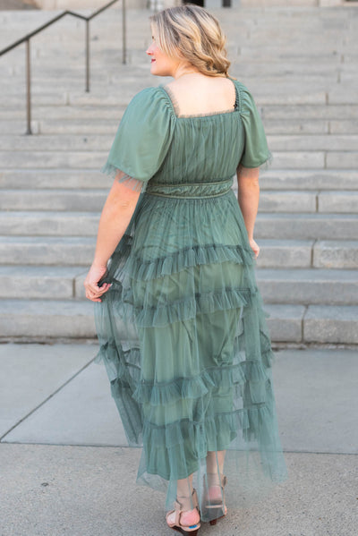 Back view of the dusty teal maxi dress