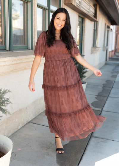 Katie Dark Mauve Floral Mesh Dress