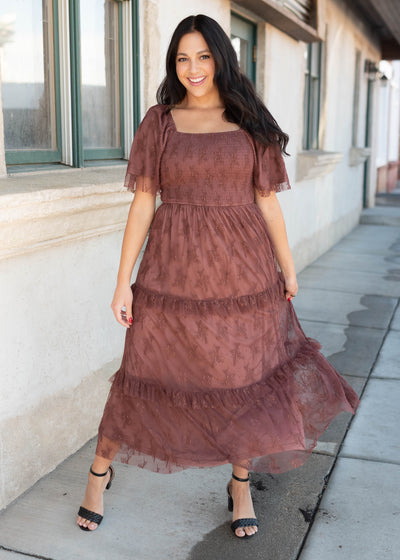 Katie Dark Mauve Floral Mesh Dress