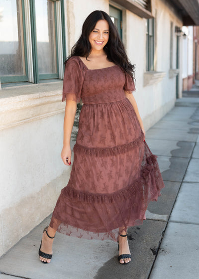 Katie Dark Mauve Floral Mesh Dress