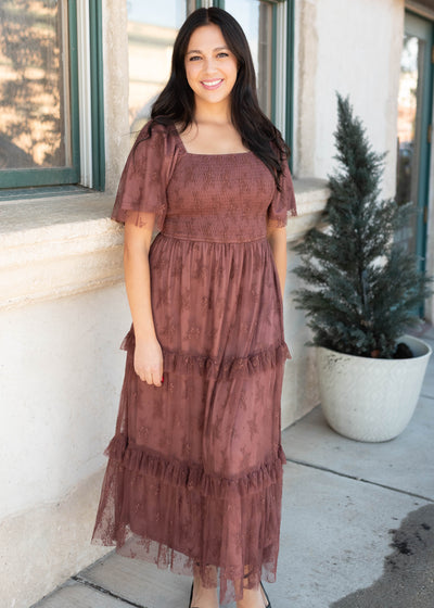 Katie Dark Mauve Floral Mesh Dress