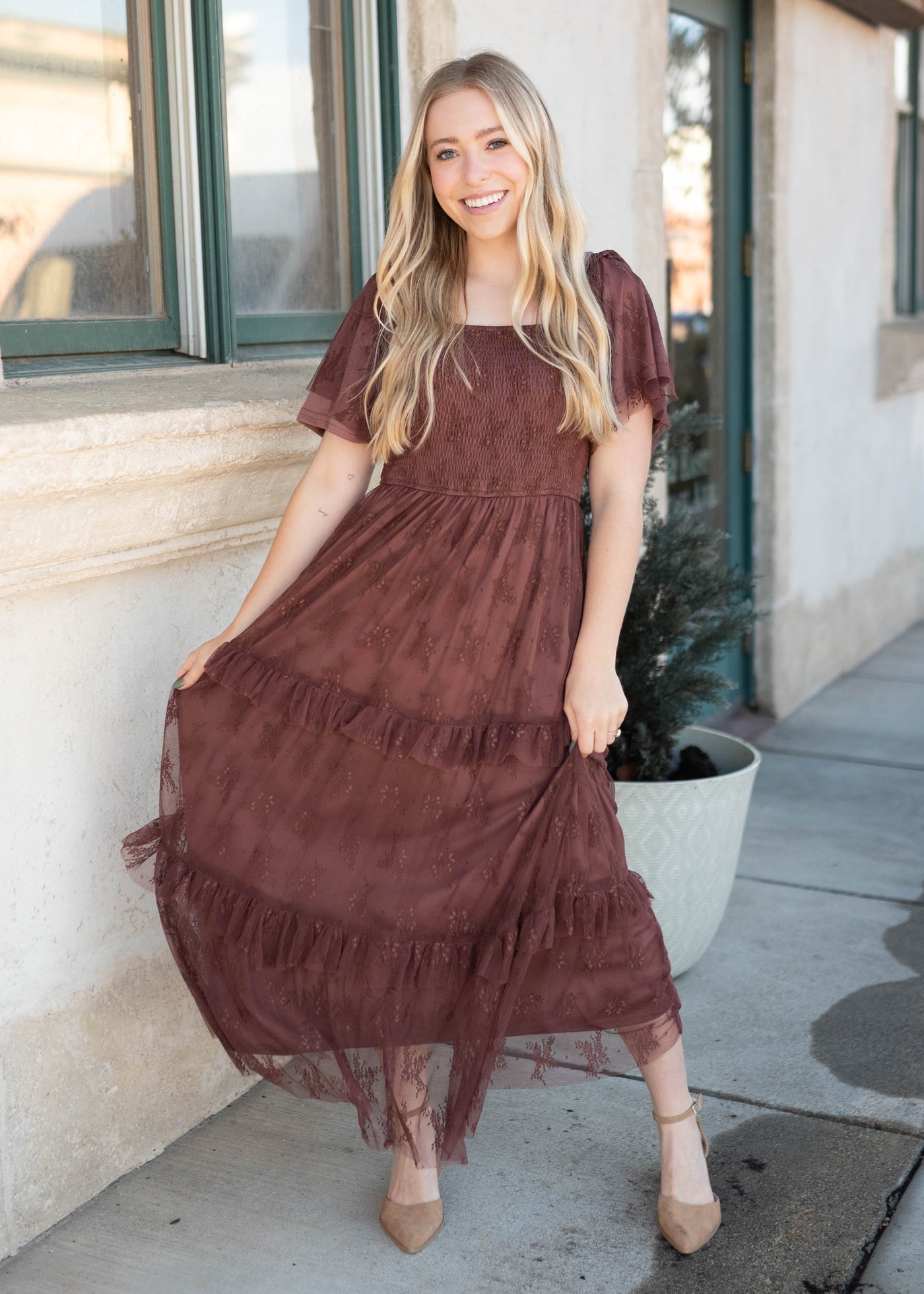 Katie Dark Mauve Floral Mesh Dress