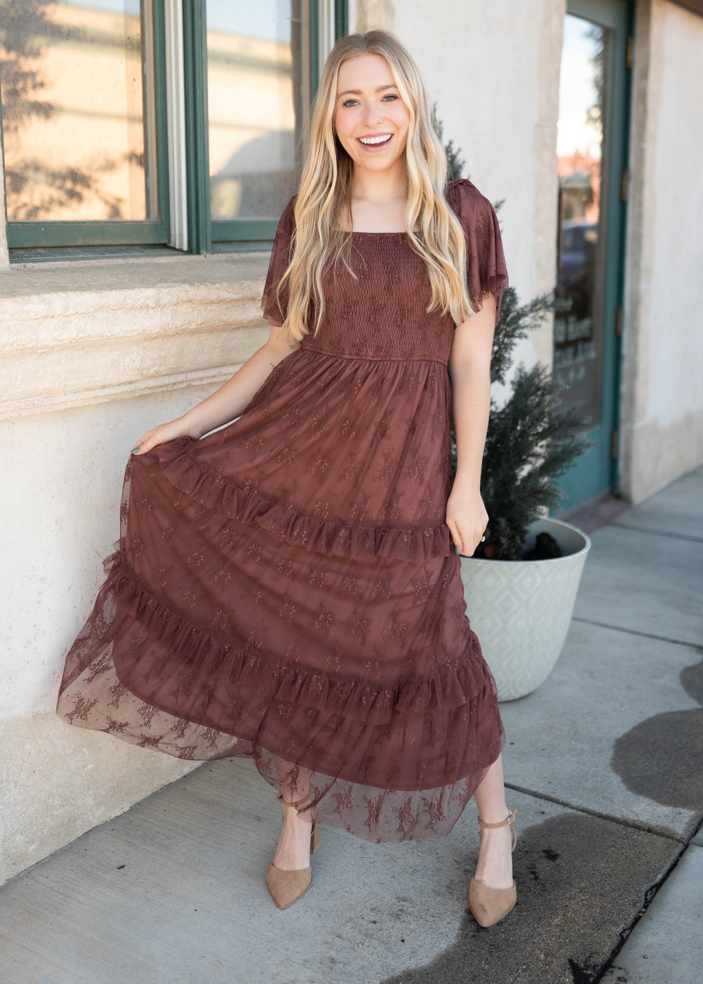 Katie Dark Mauve Floral Mesh Dress